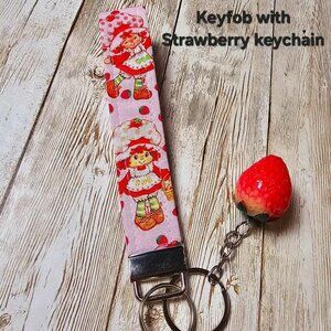 Strawberry Shortcake Fabric Keychain Wristlet: Vintage 1980s Handmade Key Fob